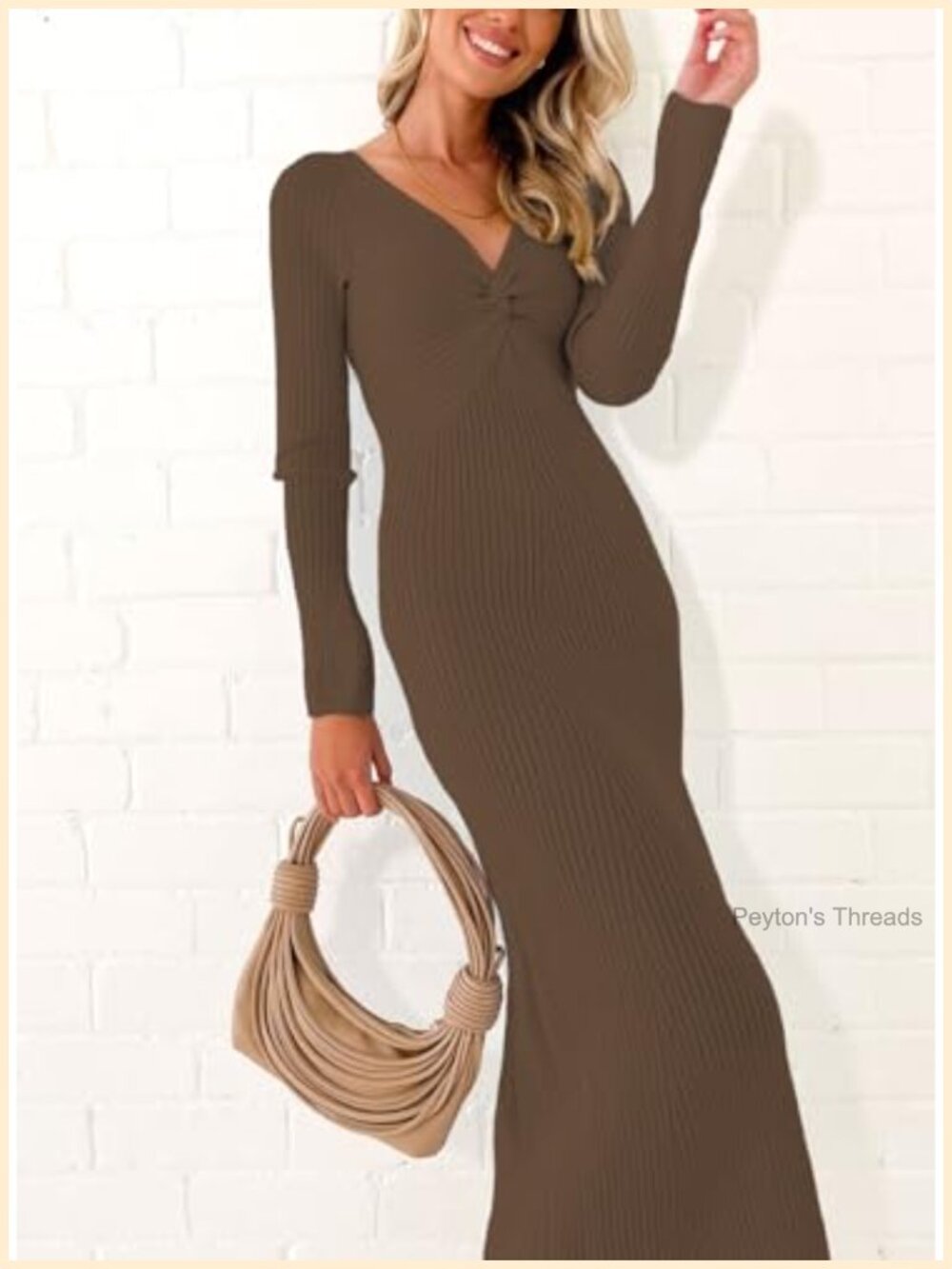 Women's Sweater Dress Long Sleeve V Neck Ribbed Knit Bodycon Midi - Picture 2 of 5